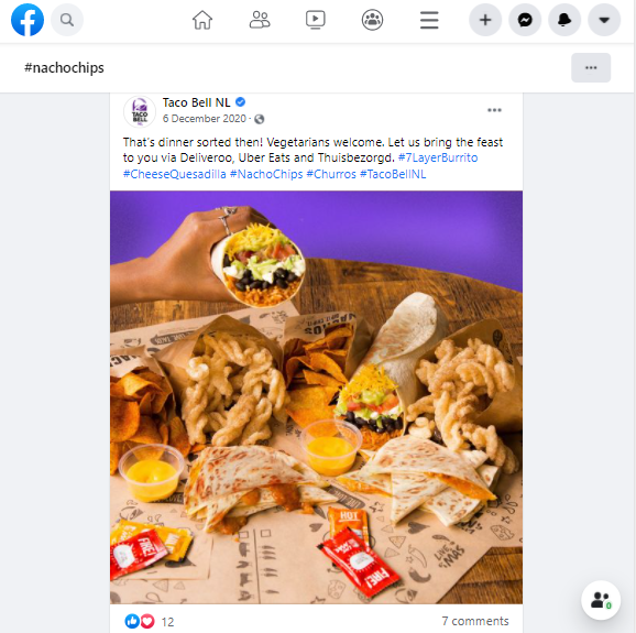 Hashtags on Facebook can increase the visibility of your post. Here’s an example from Taco Bell using hashtag #nachochips