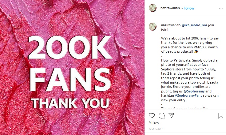 Sephora promoting their branded hashtag #SephoramyFans upon hitting 200k fans