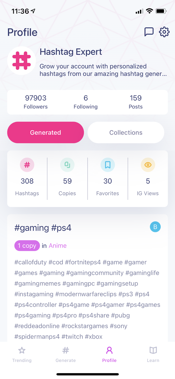 Hashtag Expert profile tab