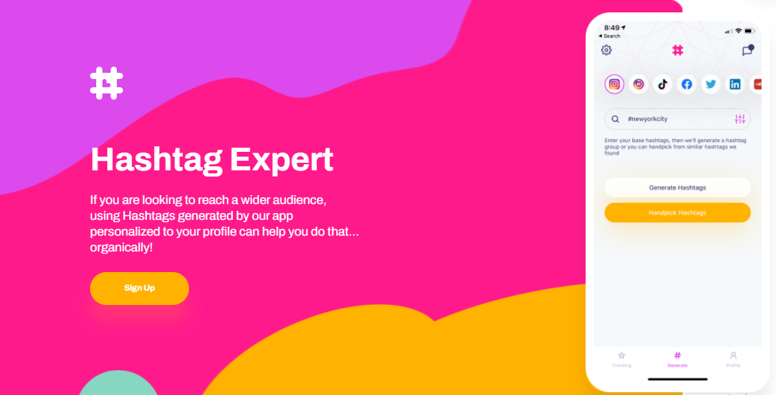 Hashtag expert tag Generator app, website homepage