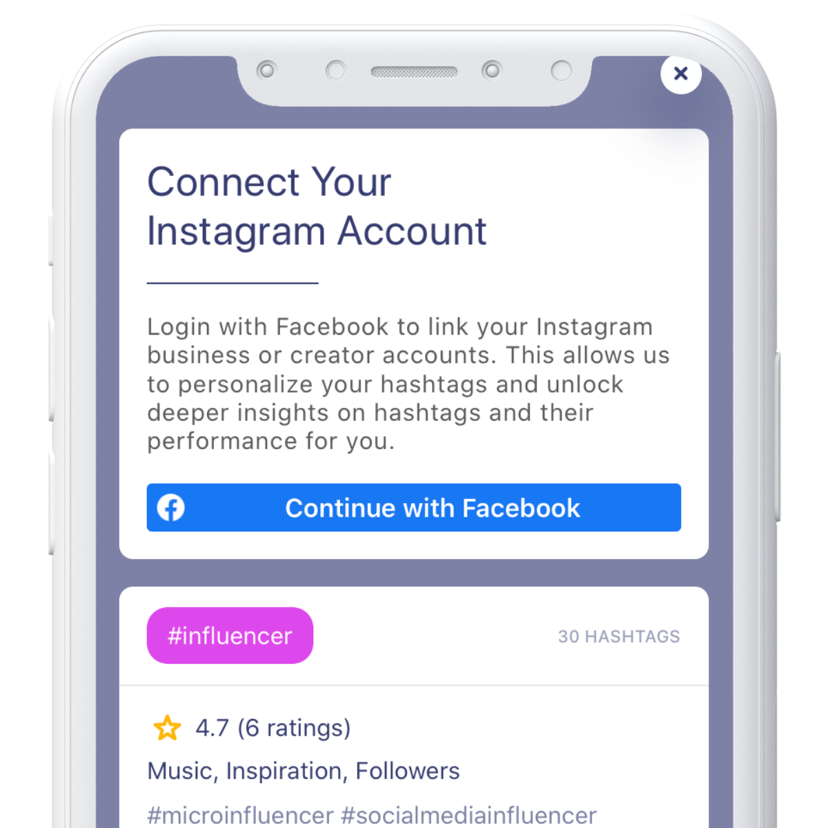 Connect Facebook or Instagram Business/Creator account with Hashtag Expert app