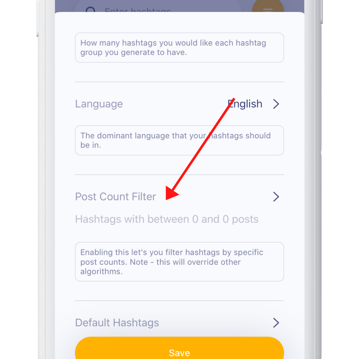 use Post count filter to filter out hashtags based on maximum and minimum post counts