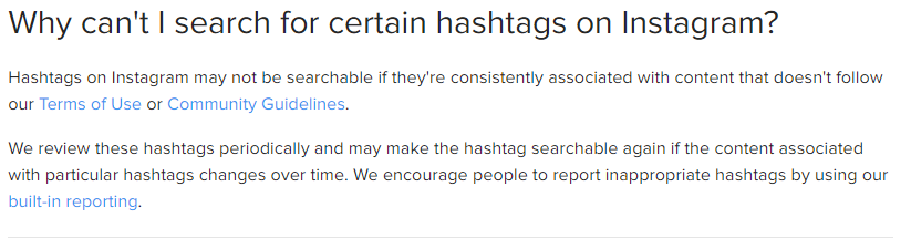 Instagram's help article explains why certain hashtags don't appear in searches