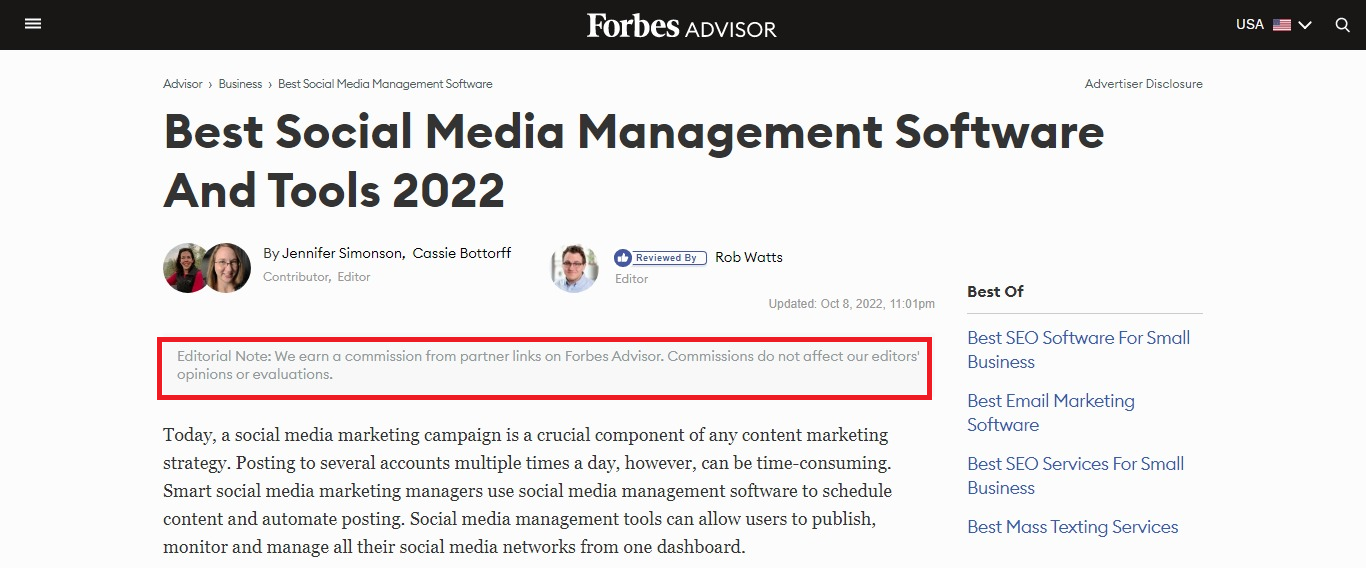 listicle-style affiliate blog on Forbesi