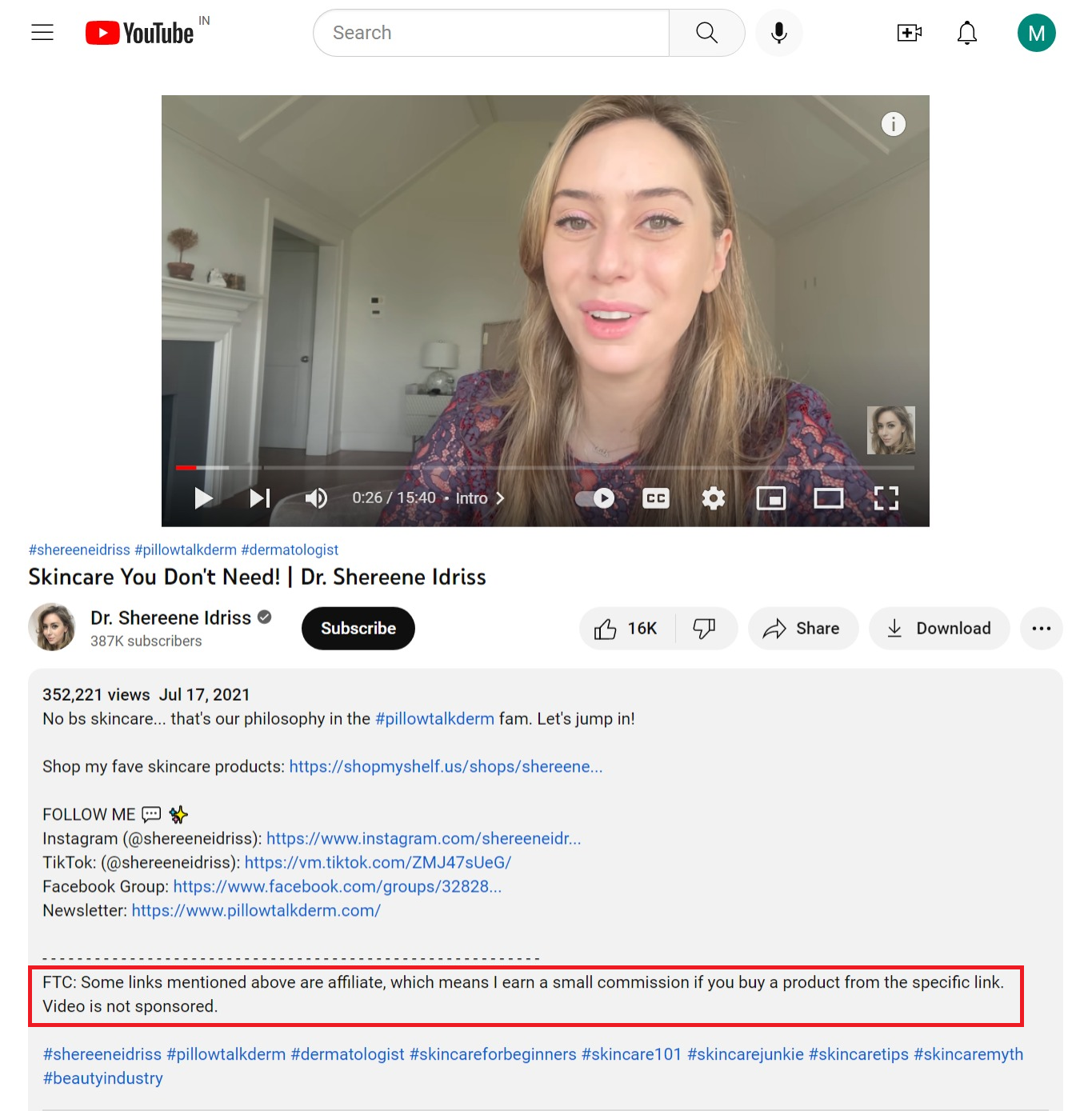 Affiliate disclosure in YouTube creator content