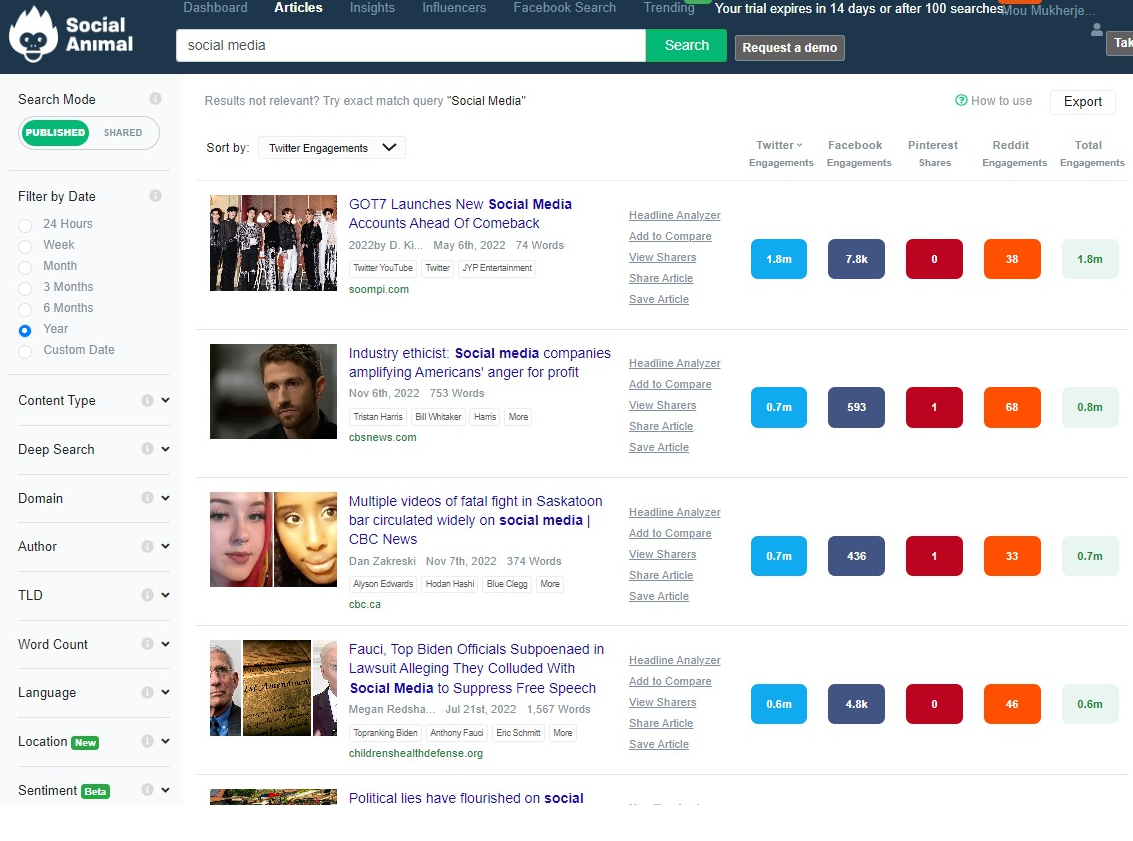 Social Animal topic search page